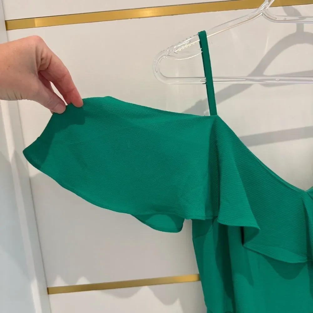 London Times dress green maxi off shoulder‎ ruffle high low holiday party 4